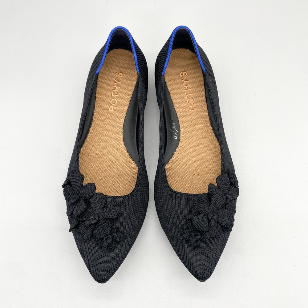 Rothys The Petal Point Ballet Flats Womens 6 Black Floral Knit Office Shoes